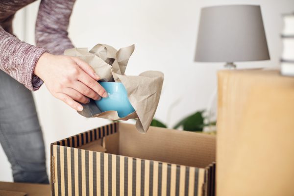 Close-up of woman unpacking cardboard box in new home taking out bowl