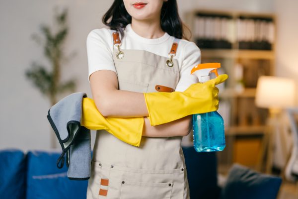 Confident young woman ready for cleaning job at house, wearing apron and yellow gloves, holding supplies. Cheerful smile shows dedication to domestic hygiene
