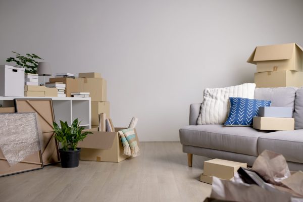Image of decorative items, furniture, boxes and other items being moved into the new house.